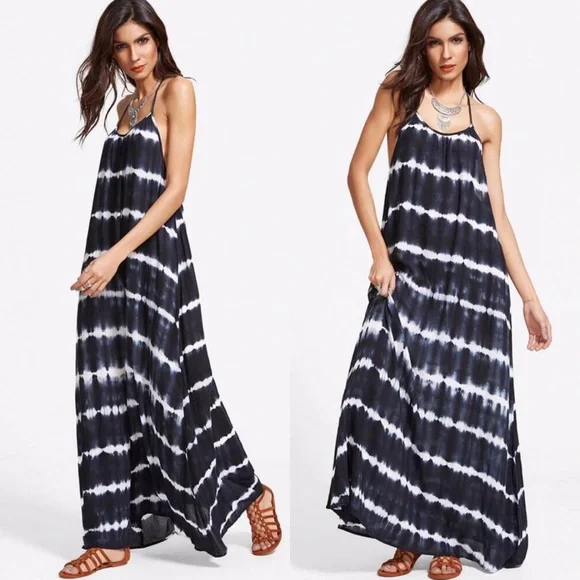 Open Y Back Tie Dye Maxi Dress Midnight - Picture 2 of 7